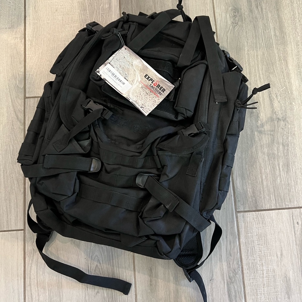 Explorer Tactical Backpack - Black 20in Backpack w/ Multiple Zipper Pocket NWT